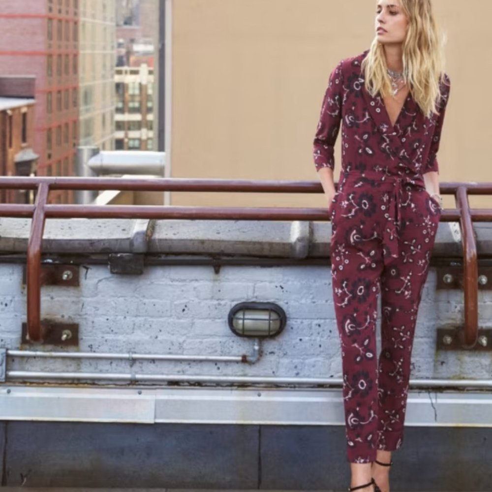 Sezane Florence Silk Purple Paisley Brocade Long Sleeve V-neck Jumpsuit